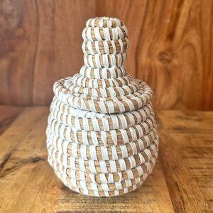 🆕 Small Senegalese Storage  Basket Straw & White African Handmade Artisan